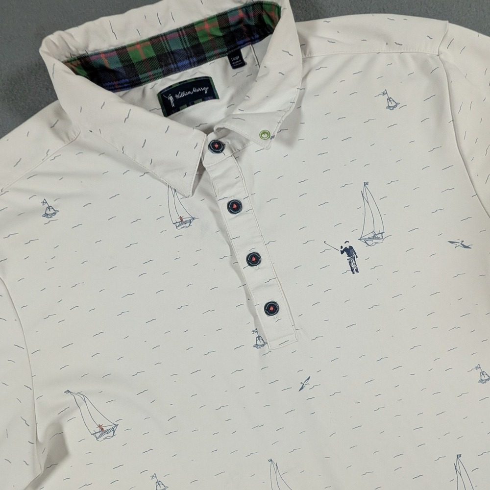 William Murray Golf Polo Shirt Mens Large White Sailboat Print Stretch